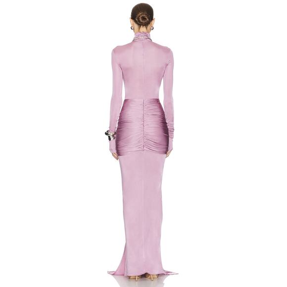 Helsa Slinky Jersey Ruched Sarong Maxi Dress Turtleneck Long Sleeve Purple Sz M - Picture 3 of 13